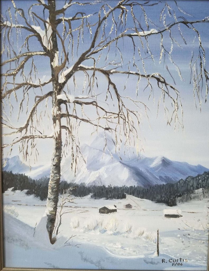 Oil painting of winter scene with tree