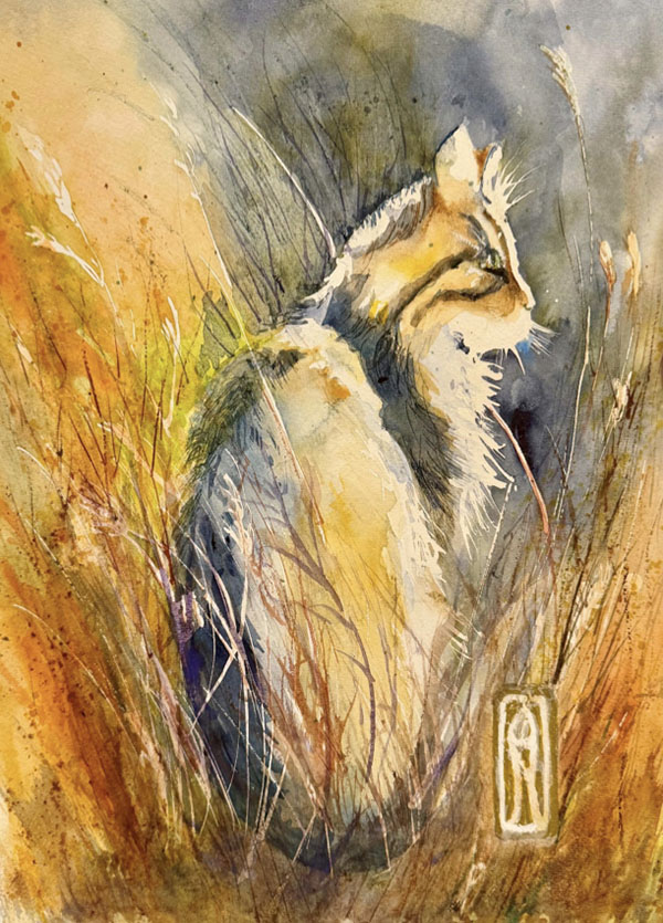 Watercolor painting of a cat in tall grass