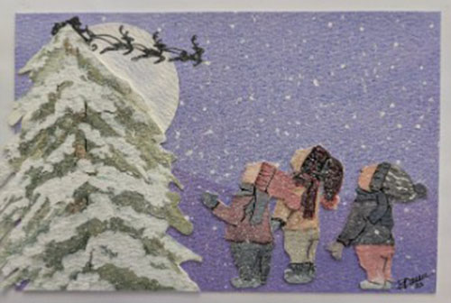 Three people looking up at evergreen tree and reindeer in the sky